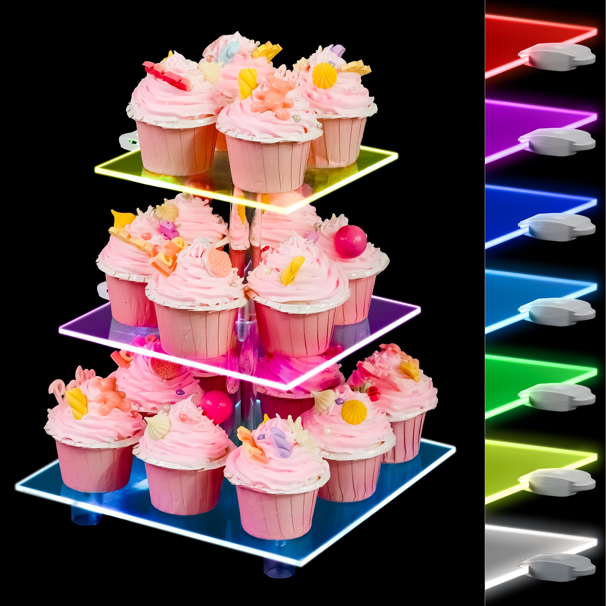 Cupcake Stand - 3 Tier Cupcake Tower with Rechargeable Light- Acrylic Cupcake Holder for 24 Cupcakes-7 Color Cupcake Display Stand- Clear Dessert Display Stand for Weddings, Birthdays, and Special Occasions