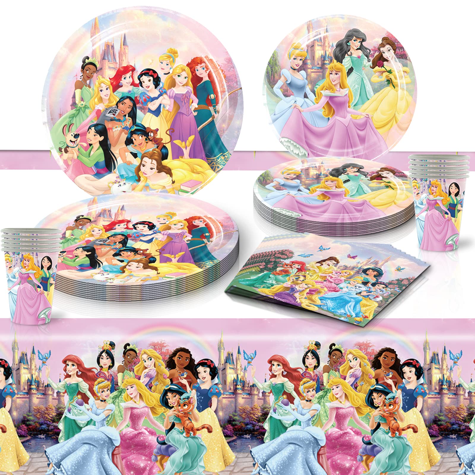 81 PCS Princess Birthday Party Supplies, Princess Tableware Set Includes 40 PCS Plates, 20 PCS Napkins, 20 PCS Paper Cups, 1 PCS Tablecover for Boys Girls Birthday Party Baby Shower DecorationsQ