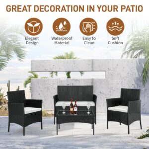 Outvita 4 Pieces Patio Furniture Set, Rattan Conversation Sets with Loveseat Soft Cushion and Glass Table for Garden Backyard Balcony Porch Poolside(Black)