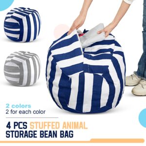 Windyun 4 Pcs Stuffed Animal Storage Bean Bag Chair Cover 24 Inch Stripe Blue and Grey with Zipper for Organizing Plush Toys Kid and Adult