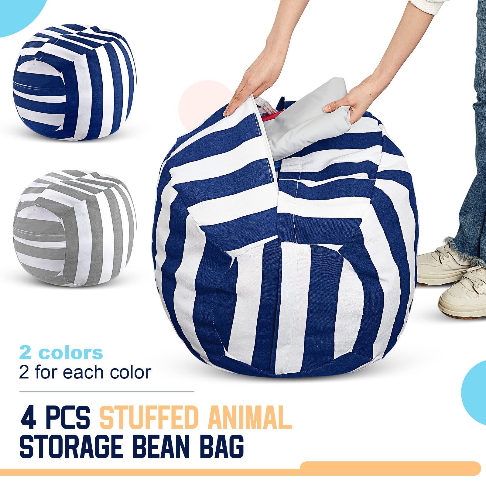 Windyun 4 Pcs Stuffed Animal Storage Bean Bag Chair Cover 24 Inch Stripe Blue and Grey with Zipper for Organizing Plush Toys Kid and Adult