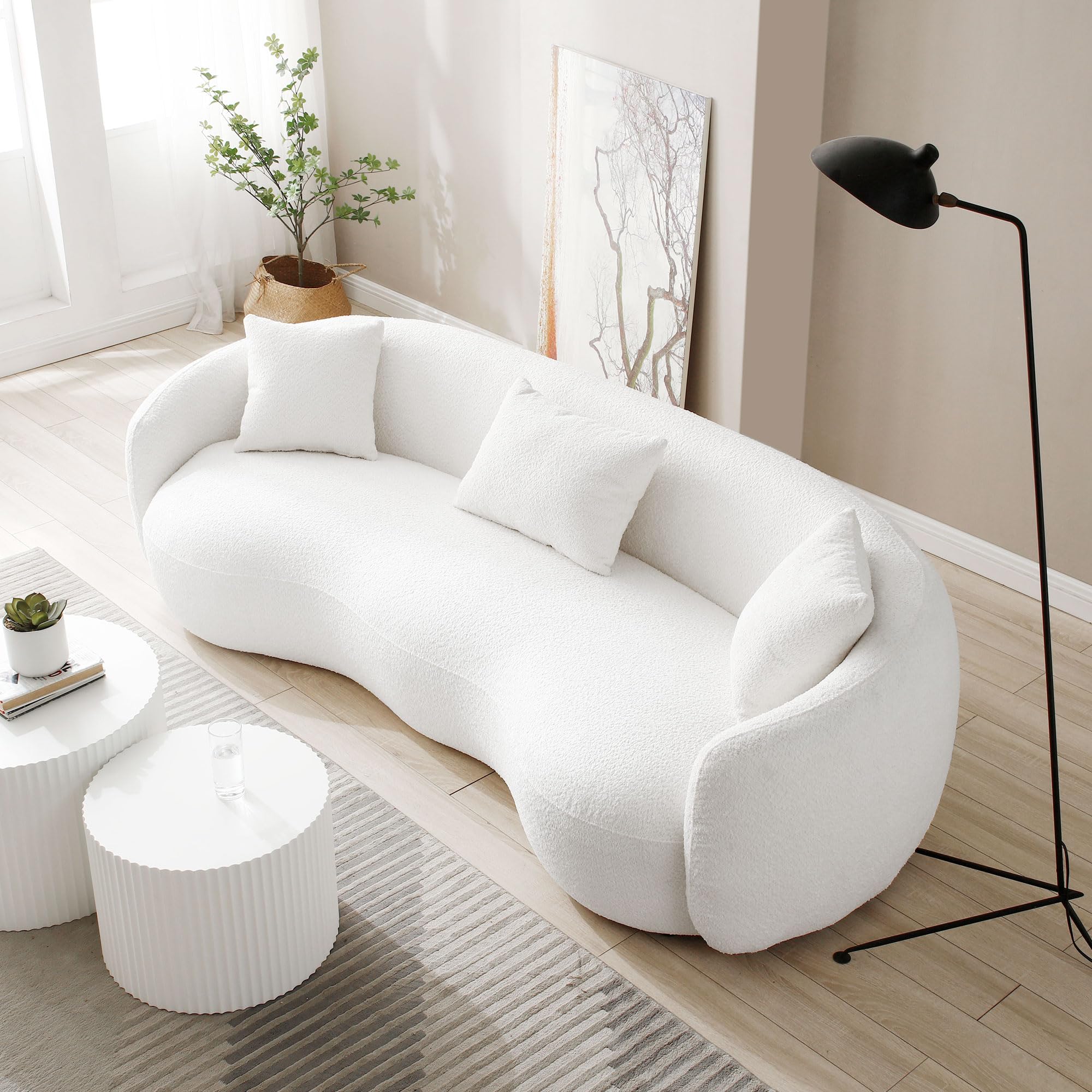 LyuHome Curved Sofa Couch, 93.6" 4-Seater Modern Boucle Sectional Sofa Couch, Comfy Cloud Upholstered 4 Seat Leisure Cushion Sofa with Pillows for Living Room, Bedroom, Office, Apartment,White