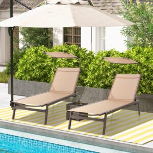 Giantex Outdoor Chaise Lounge Chair- Tanning Chair with Sunshade, 6 Adjustable Position, Sturdy Metal Frame, Cup Holder, Outside Lounger for Poolside, Backyard Sunbathing Chair (1, Brown)