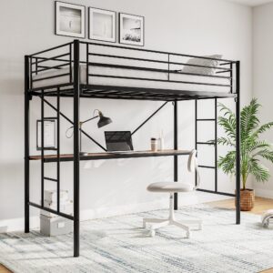 jurmerry metal loft bed with desk & 2 built-in ladders,safety guard rail, space-saving design, no box spring needed, twin black