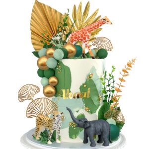 26 pcs jungle animal cake toppers safari animals figure toys gold palms picks jungle wild one animals cake decorations for baby shower safari party holiday party (style 1)