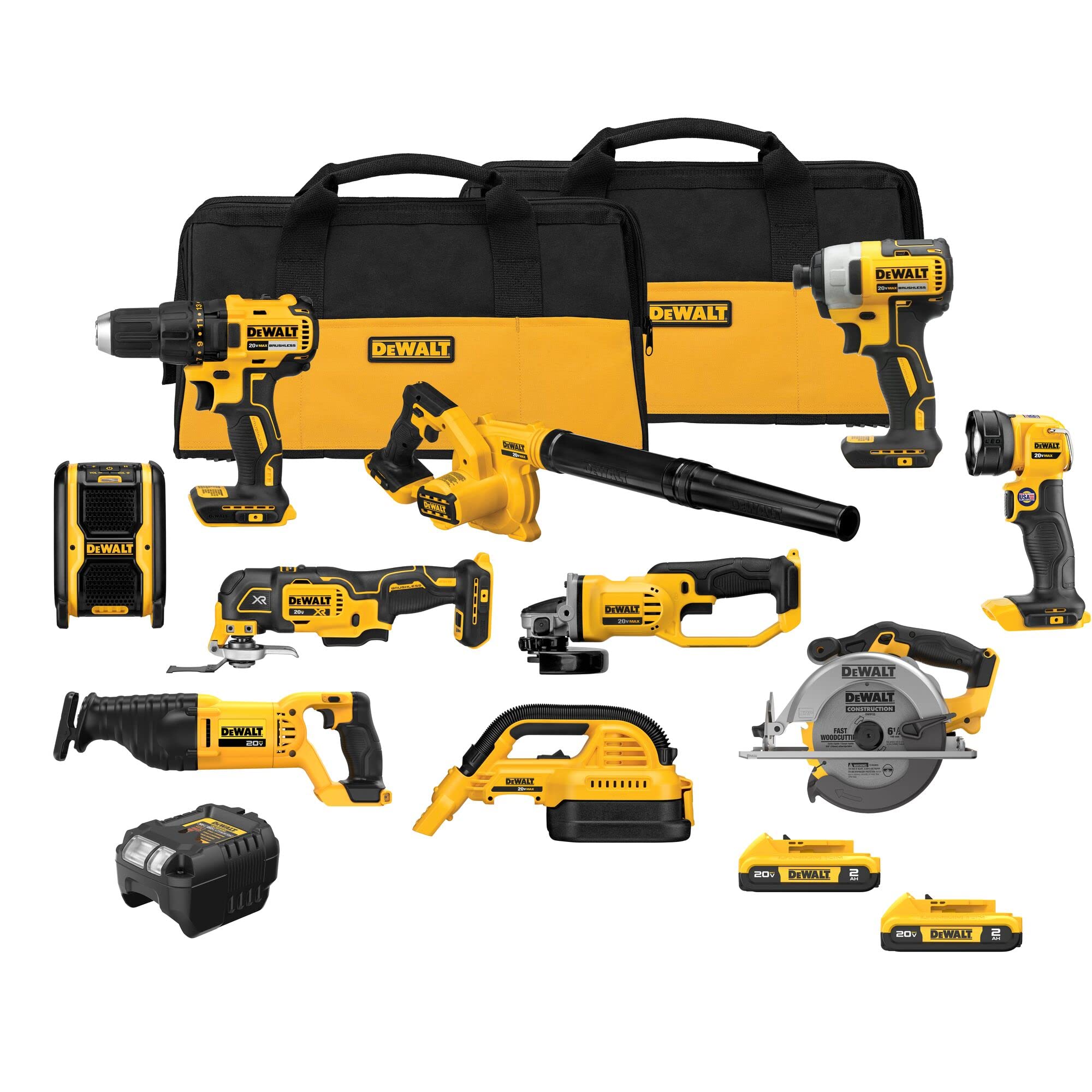 DEWALT 20V MAX Power Tool Combo Kit, Cordless Power Tool Set, 10-Tool with 2 Batteries and Charger Included (DCK1021D2)