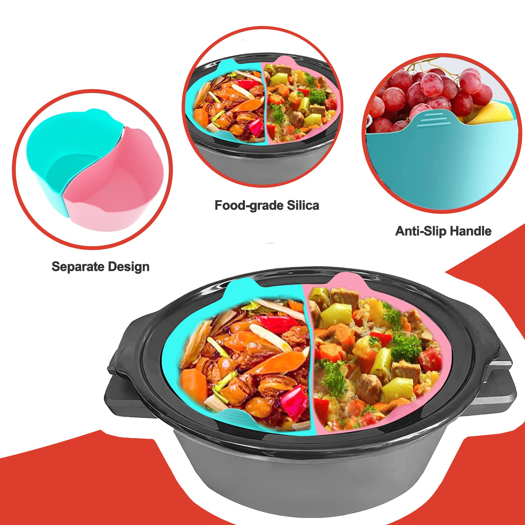 Slow Cook Divider Silicone Liners, 6 Qt Crockpot and Slow Cook Compatible, Cook Two Dishes At Once - Easy Cleanup Dishwasher, BPA Free 6 Quart Fit with Crock Pot Black Liners Pink+Blue