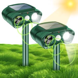 2 pcs ultrasonic animal repellent outdoor solar animal repeller waterproof with motion sensor led strobe light alarm sound animal deterrent for cat squirrel raccoon deer fox repellent (deer repellent)