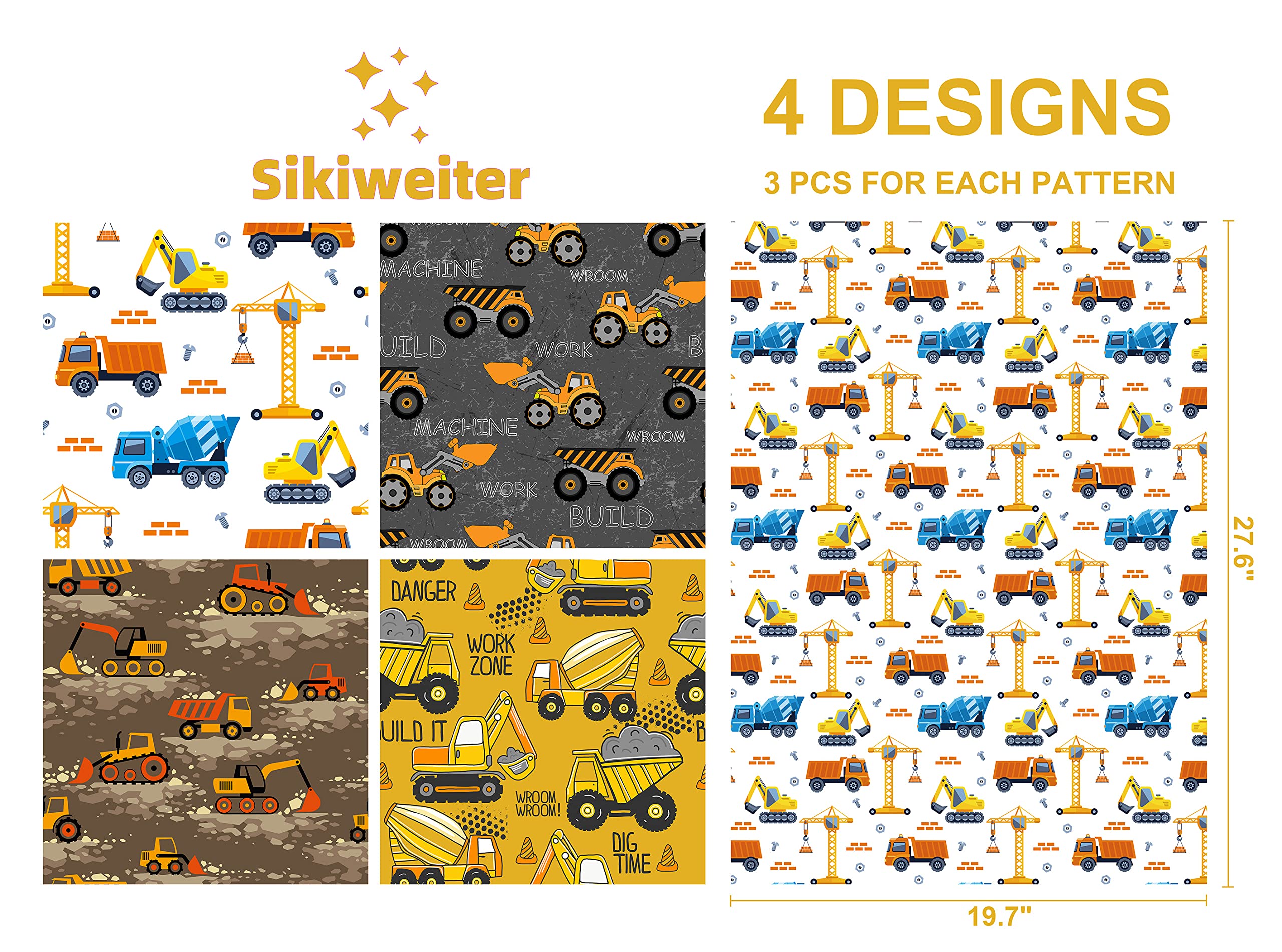 Sikiweiter Construction Wrapping Paper - 12 Sheets Construction Wrapping Paper Birthday with Trucks - 19.7 x 27.6 Inches Per Sheet