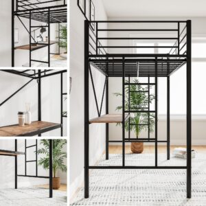 JURMERRY Metal Loft Bed with Desk & 2 Built-in Ladders,Safety Guard Rail, Space-Saving Design, No Box Spring Needed, Twin Black