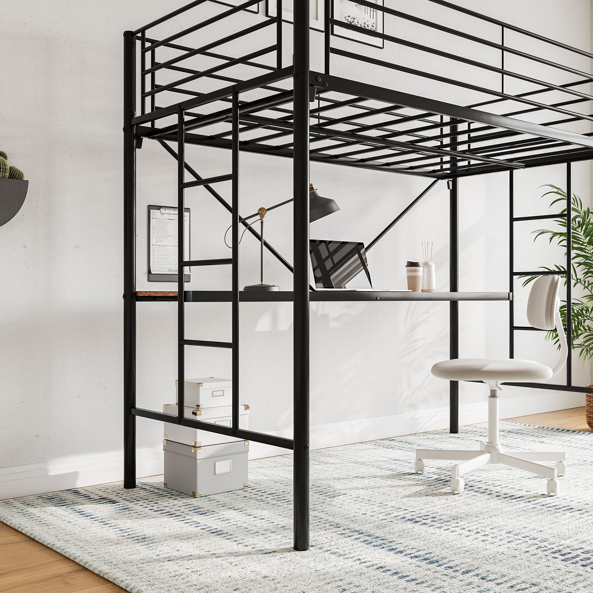 JURMERRY Metal Loft Bed with Desk & 2 Built-in Ladders,Safety Guard Rail, Space-Saving Design, No Box Spring Needed, Twin Black