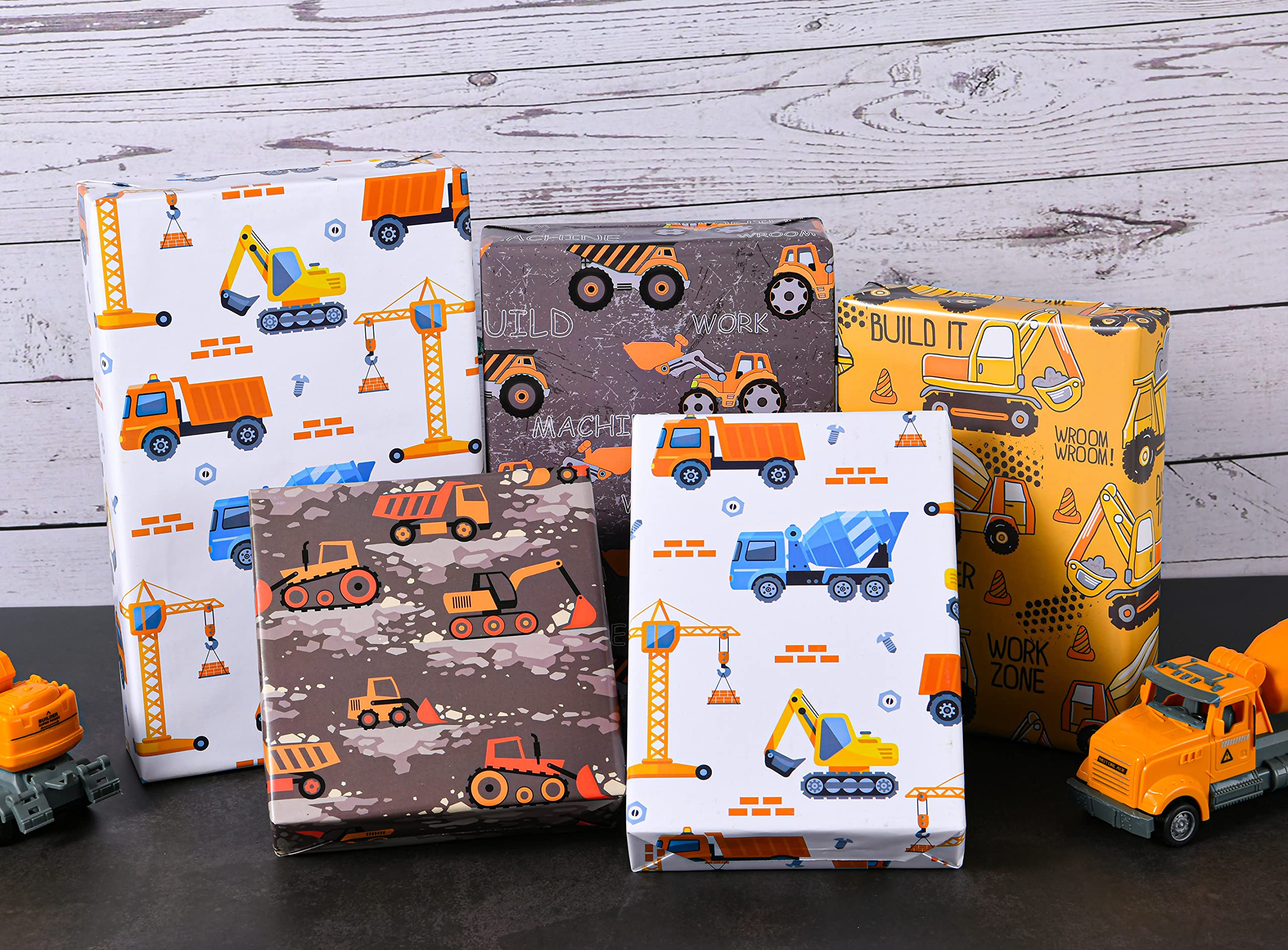 Sikiweiter Construction Wrapping Paper - 12 Sheets Construction Wrapping Paper Birthday with Trucks - 19.7 x 27.6 Inches Per Sheet