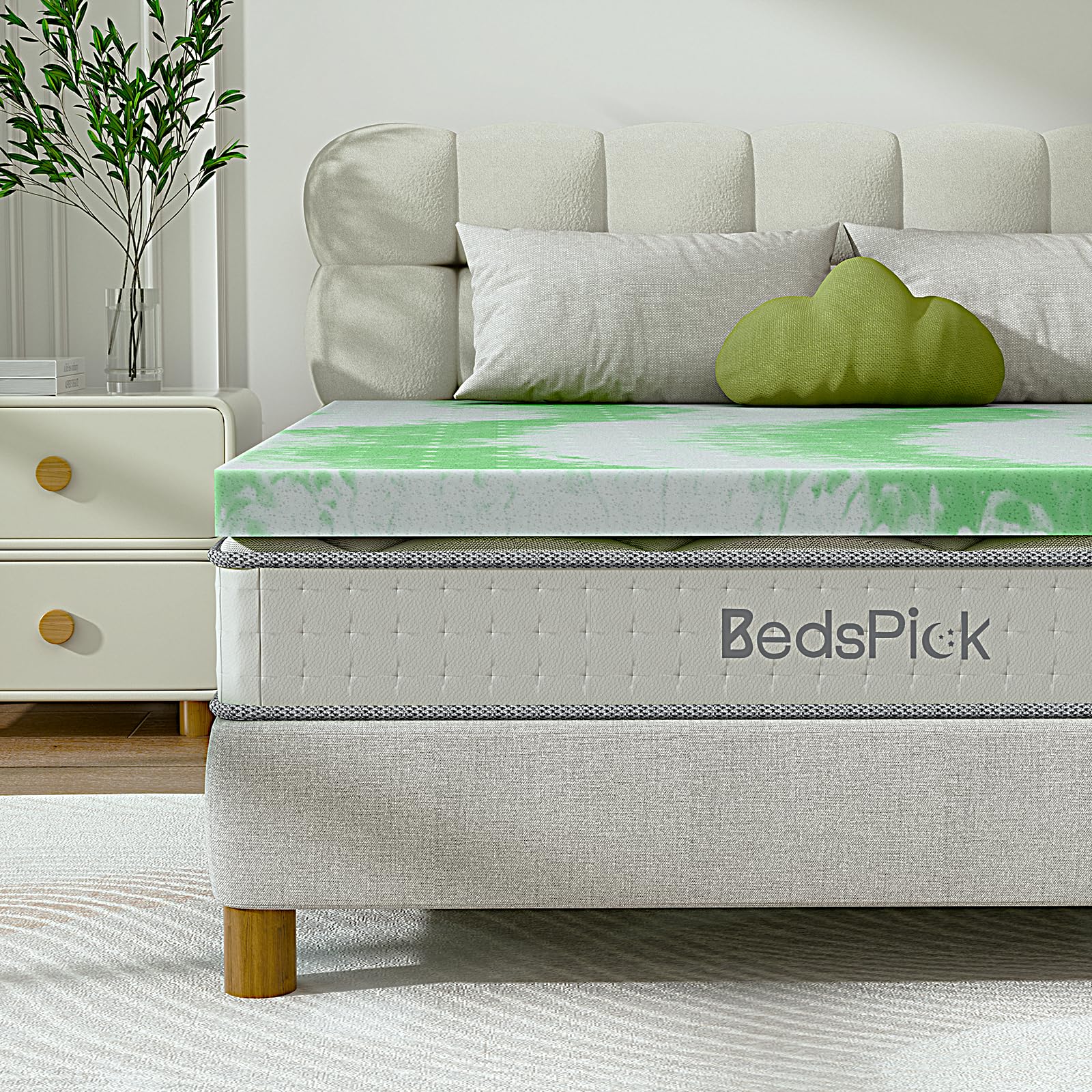 BedsPick Mattress Topper Twin XL, 2 Inch Gel Memory Foam Mattress Topper for Body Support & Pressure Relief, CertiPUR-US Certified Mattress Pad for Twin XL Size Bed with Breathable Holes, Green