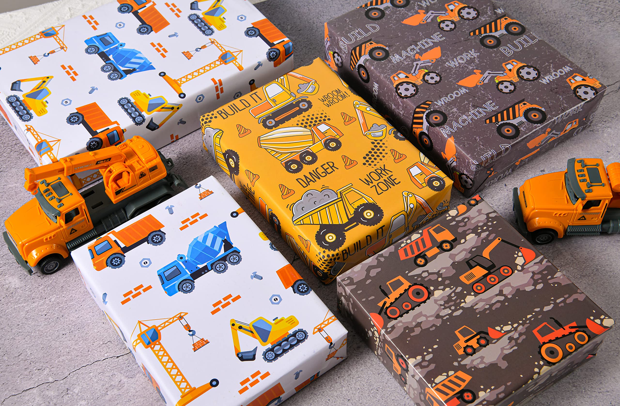 Sikiweiter Construction Wrapping Paper - 12 Sheets Construction Wrapping Paper Birthday with Trucks - 19.7 x 27.6 Inches Per Sheet