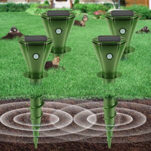 Mole Repellent for Lawns, Sonic Mole Repellent Solar Powered, Gopher Repellent Mole Trap, Screw Snake Groundhog Vole Trap Outdoor with 3 Vibration Modes Anti-Adapt, Quiet, 4pcs