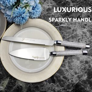 ROXBURGH Wedding Cake Knife and Server Set, Mr and Mrs Forks, Cake Cutting Set for Wedding, 420 Stainless Steel Silver Cake Cutter and Pie Server Slicer, Rhinestones Studded Handle Engagement