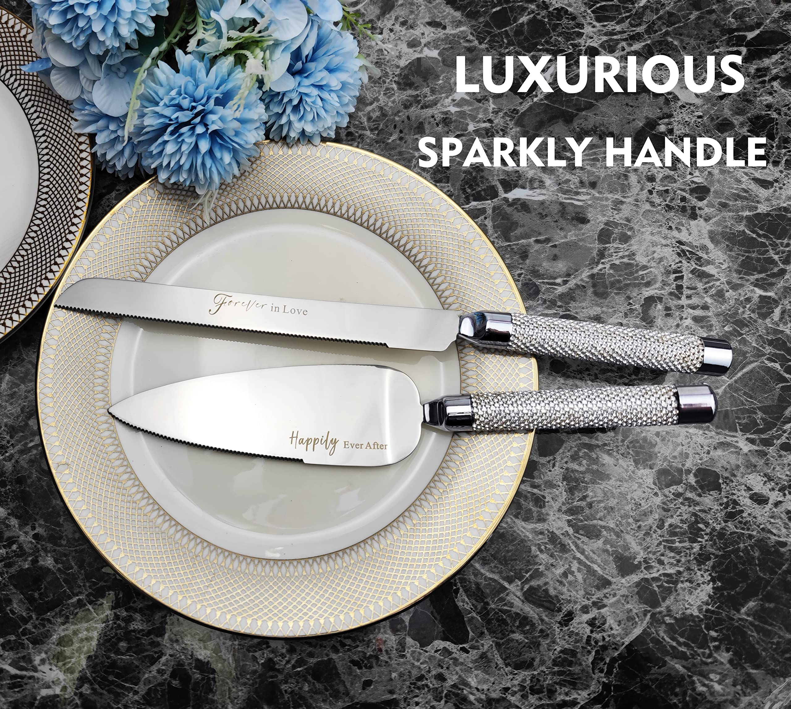 ROXBURGH Wedding Cake Knife and Server Set, Mr and Mrs Forks, Cake Cutting Set for Wedding, 420 Stainless Steel Silver Cake Cutter and Pie Server Slicer, Rhinestones Studded Handle Engagement