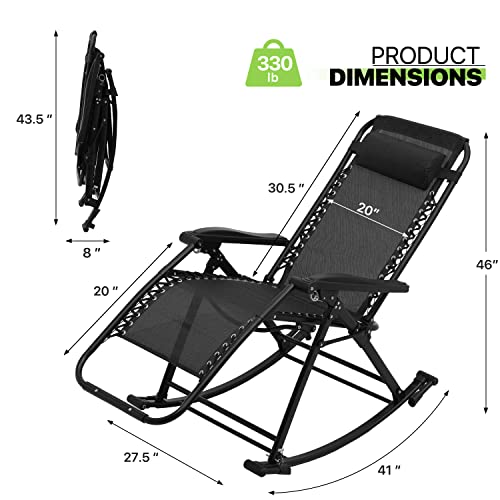 Magshion Outdoor Rocking Chairs 2 Pack Lounge Patio Rocking Chair Zero Gravity Outdoor Folding Recliner Foldable Lounge Chair for Patio Poolside and Camping, Support up to 330 lbs (Black)