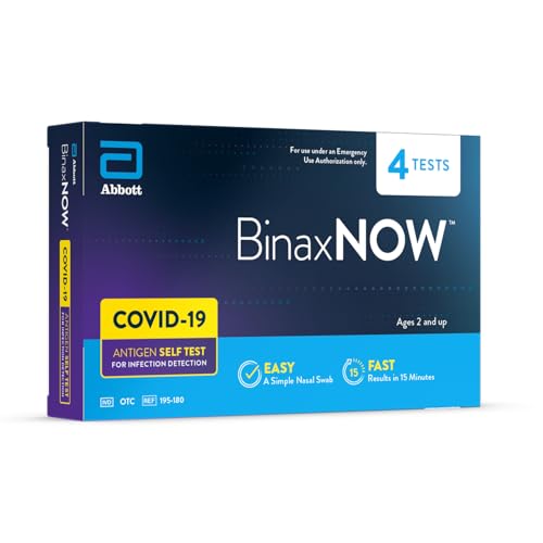 BinaxNOW COVID-19 Antigen Self Test, 1 Pack, 4 Tests Total, COVID Test With 15-Minute Results Without Sending to a Lab, Easy to Use at Home