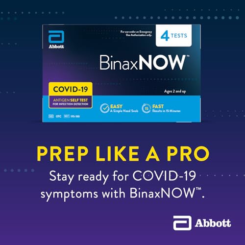 BinaxNOW COVID-19 Antigen Self Test, 1 Pack, 4 Tests Total, COVID Test With 15-Minute Results Without Sending to a Lab, Easy to Use at Home