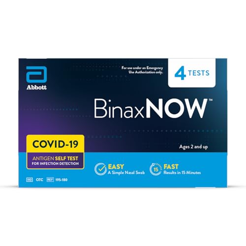 BinaxNOW COVID-19 Antigen Self Test, 1 Pack, 4 Tests Total, COVID Test With 15-Minute Results Without Sending to a Lab, Easy to Use at Home