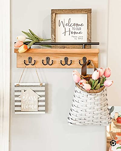 Ripple Creek Key Holder for Wall and Mail Shelf, Decorative Wooden Wall Rack for Keys, Letters, Bills - Pine Wood Unique and Industrial Decor, Perfect for Entryway, Kitchen (Light Brown, Double Hook)