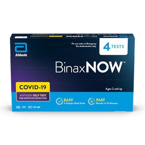 BinaxNOW COVID-19 Antigen Self Test, 1 Pack, 4 Tests Total, COVID Test With 15-Minute Results Without Sending to a Lab, Easy to Use at Home