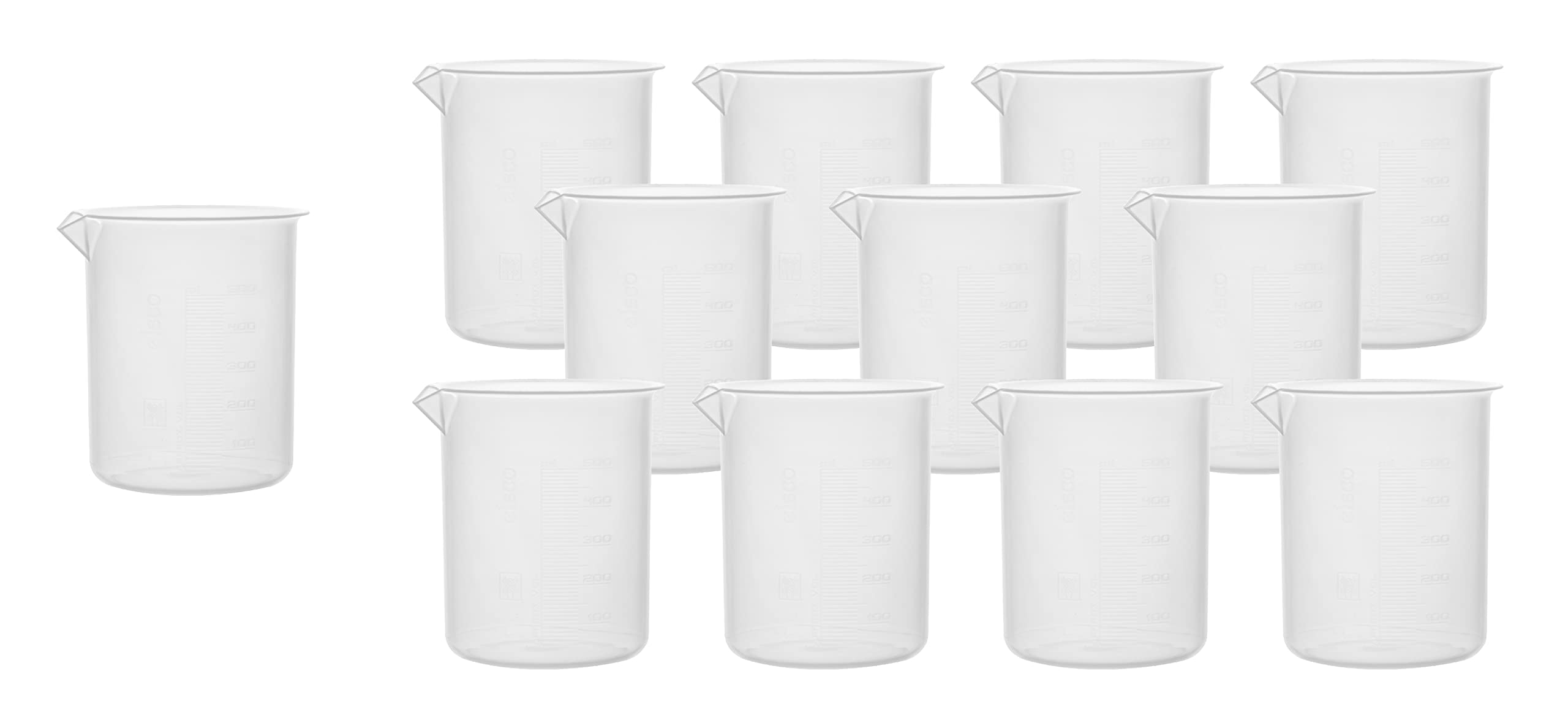 EISCO Plastic Beakers, 500mL, Pack of 12 - Low Form, Molded Graduations, Tapered Spout - Autoclavable & Microwavable Polypropylene