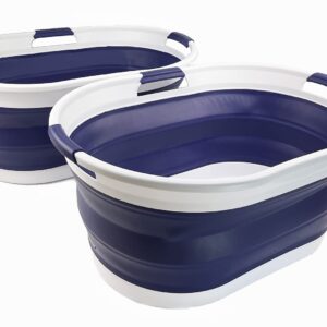 SAMMART Set of 2 Collapsible 3 Handled Plastic Laundry Basket-Oval Tub/Basket-Foldable Storage Container/Organizer-Portable Washing Tub-Space Saving Laundry Hamper (44L Oval-White/Navy Blue)