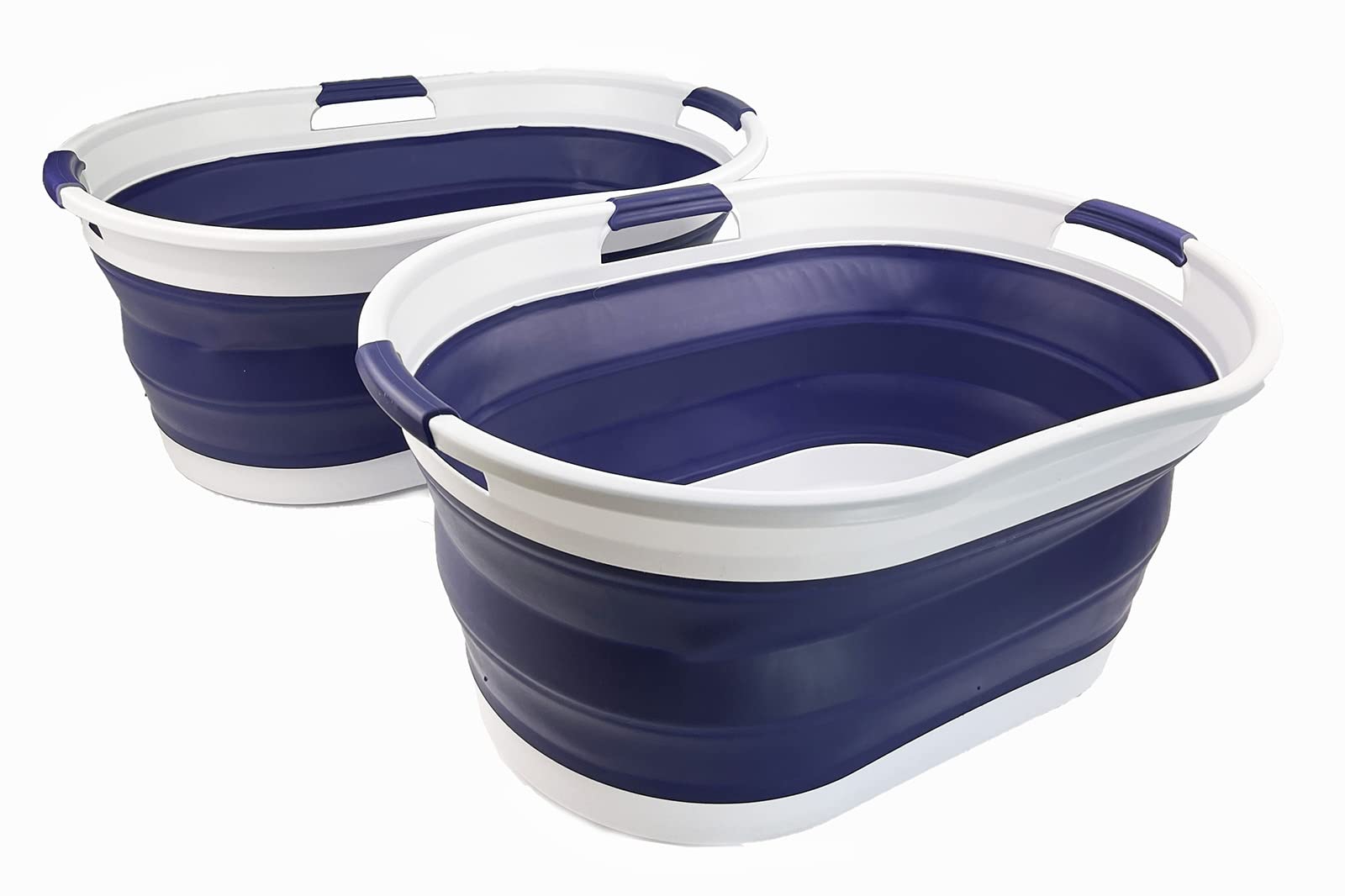 SAMMART Set of 2 Collapsible 3 Handled Plastic Laundry Basket-Oval Tub/Basket-Foldable Storage Container/Organizer-Portable Washing Tub-Space Saving Laundry Hamper (44L Oval-White/Navy Blue)