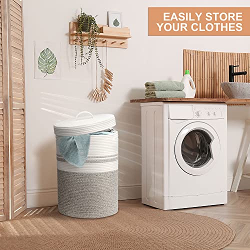 Goodheim Laundry Hamper with Lid, Large Woven Laundry Basket，Blanket and Toy Storage Basket for Living Room, Bedroom, Bathroom, Nursery（Brown and White，55L）