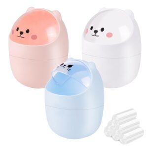 shaidojio 3 pack cute desktop trash can with 180 trash bags, creative small garbage can with flip lid, tiny countertop wastebasket for kids, kawaii mini desk waste bin for bedroom, bathrooms