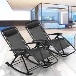 Magshion Outdoor Rocking Chairs 2 Pack Lounge Patio Rocking Chair Zero Gravity Outdoor Folding Recliner Foldable Lounge Chair for Patio Poolside and Camping, Support up to 330 lbs (Black)