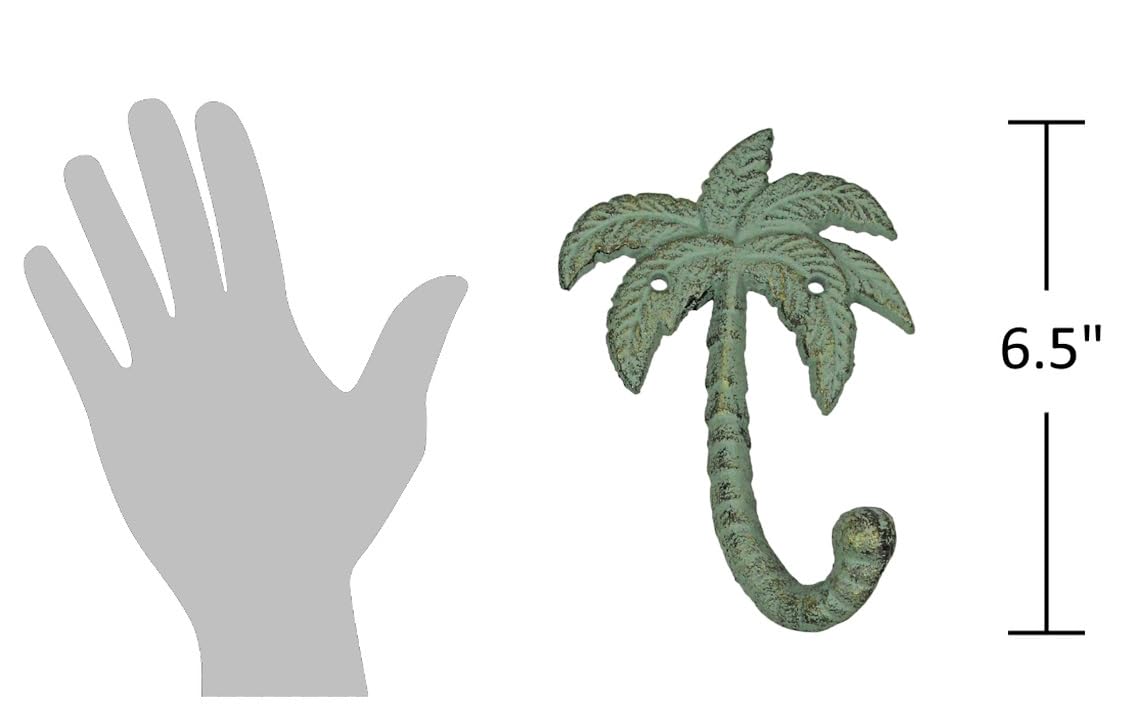 The Bridge Collection Cast Iron Palm Tree Hook for Wall - Metal Green Verdigris Indoor Outdoor Beach Wall Hooks for Coastal, Tropical Home Decor - Coat, Towel, Key Hook Tree