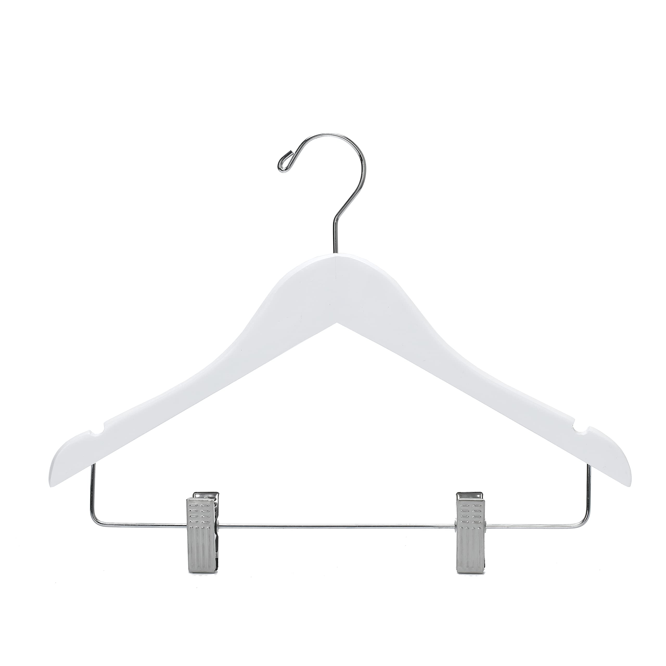 Quality Hangers 20 Pack Kids Skirt Hangers 14 Inches - Junior Preteen Youth Wooden Clothes Hanger with Curved Shoulder Swivel Chrome Hook Adjustable Metallic Clips & Nonslip Notches (White, 20)