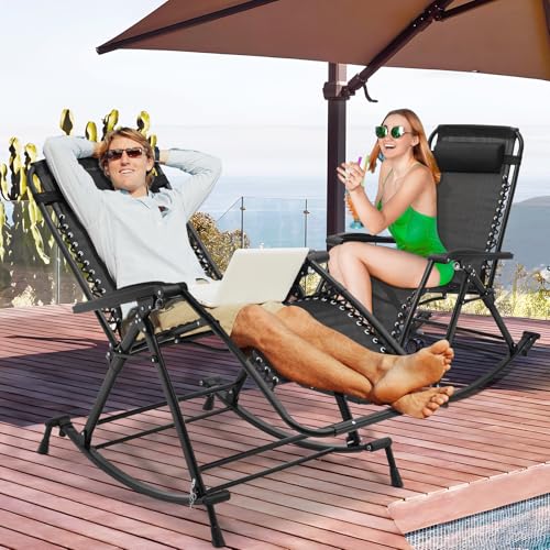 Magshion Outdoor Rocking Chairs 2 Pack Lounge Patio Rocking Chair Zero Gravity Outdoor Folding Recliner Foldable Lounge Chair for Patio Poolside and Camping, Support up to 330 lbs (Black)