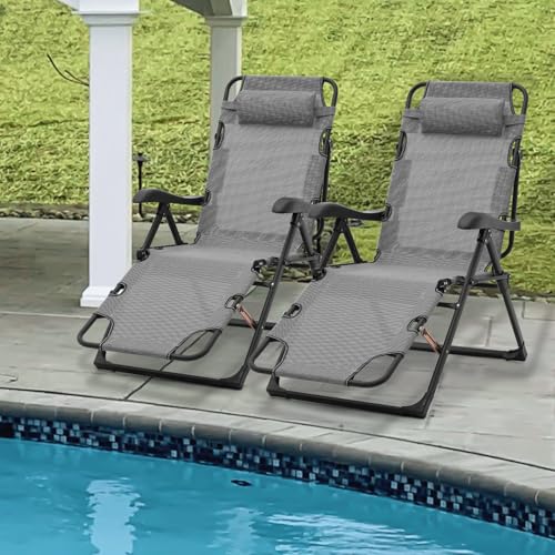 MoNiBloom Outdoor Lounge Chair Set of 2 Reclining Patio Lounger Chair, Folding Portable Chaise with Headrest, Adjustable Reclining Lawn Chair for Patio Beach Yard, 330lbs Capacity