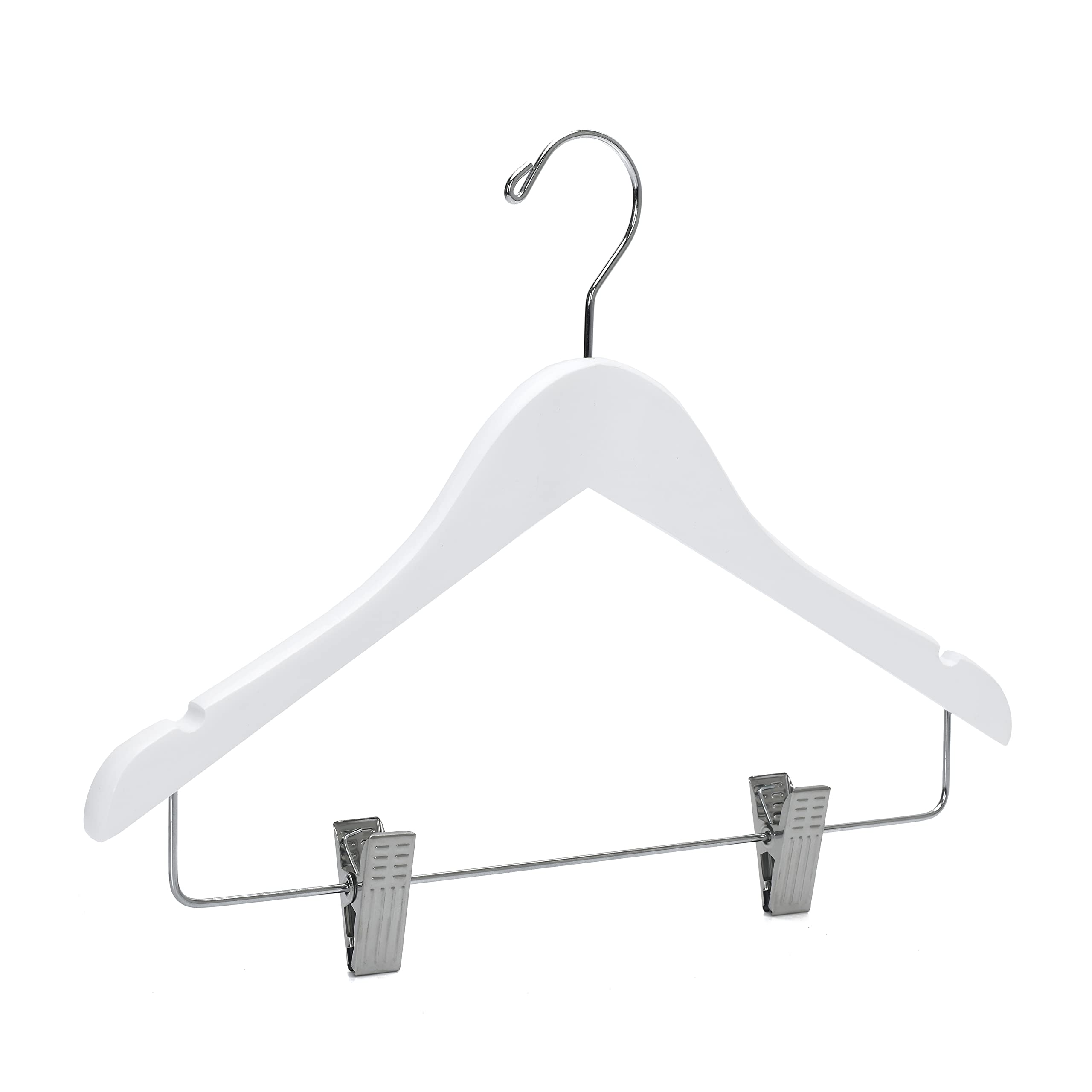 Quality Hangers 20 Pack Kids Skirt Hangers 14 Inches - Junior Preteen Youth Wooden Clothes Hanger with Curved Shoulder Swivel Chrome Hook Adjustable Metallic Clips & Nonslip Notches (White, 20)