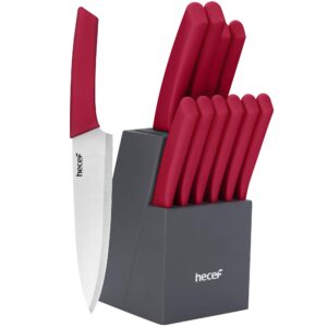 hecef kitchen knife block set, 12 pieces knife set with wooden block & steak knives set, lightweight and strong high carbon stainless steel cutlery set, extended handle design