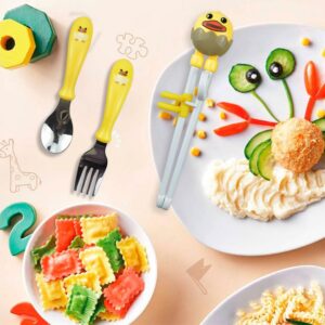 Quimoy 2 Pairs Kids Chopsticks, Training Chopsticks for Kids, Cute Animal Cartoon Design Chopsticks for Learning and Training -Yellow Tiger & Blue Elephant