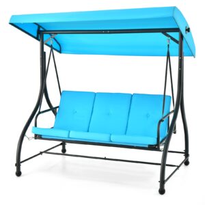 Tangkula 3 Person Porch Swing, 2-in-1 Convertible Patio Swing Bed with Removable Cushions, Solid Steel Structure, Outdoor Swing with Adjustable Canopy for Backyard, Balcony, Poolside (Turquoise)