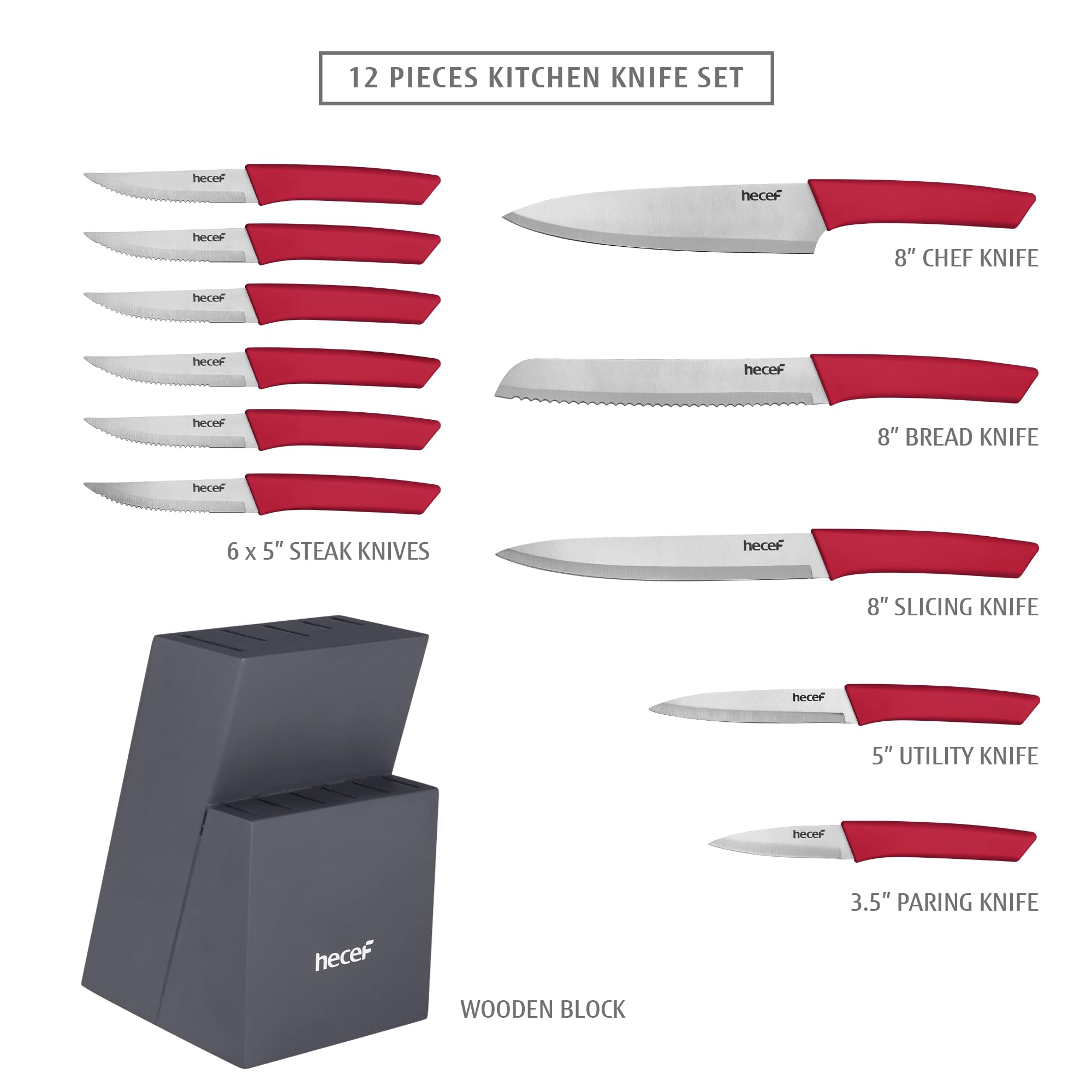 hecef Kitchen Knife Block Set, 12 Pieces Knife Set with Wooden Block & Steak Knives Set, Lightweight and Strong High Carbon Stainless Steel Cutlery Set, Extended Handle Design