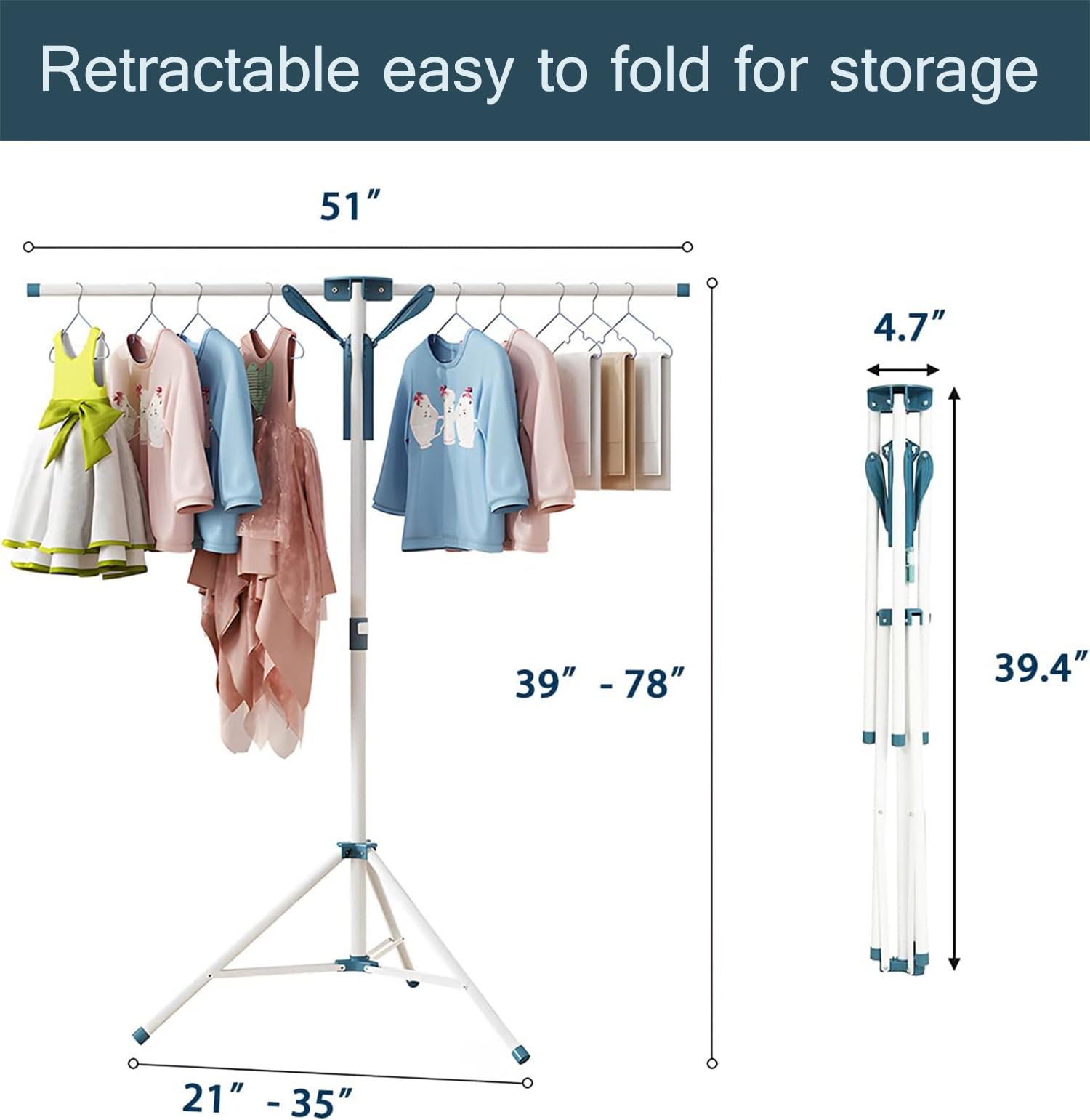 AUGMIRR Clothes Drying Racks, Height-Adjustable 52 Inches Updated Version,Stainless Steel for Indoor Outdoor,Length Adjustable Saves Space,with 20 Windproof Hooks (Tripod Rack, 52")