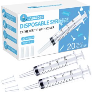 50 pack 20ml syringe catheter tip with covers, large plastic syringes for jello shots syringe party, liquid, oral, feeding pet, food, dispensing- individually sterilized sealed