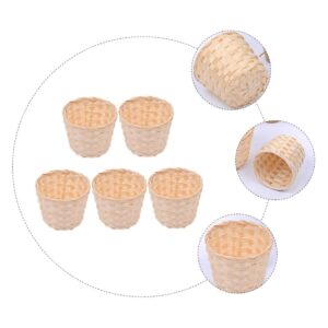 Toyvian 5pcs Woven Basket Storage Basket Woven Bucket Rattan Makeup Basket Small Wicker Baskets Flower Seagrass Belly Basket Wood Chip Basket Woven Cube Candy Bowl Wooden Doll House Round