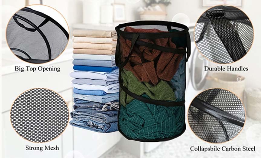 Kamuavni Pop Up Laundry Basket Round Mesh Dirty Clothes Basket Clear Net Laundry Pop Up Circular Collapsible Round Mesh Laundry Baskets 15.7 * 24inch