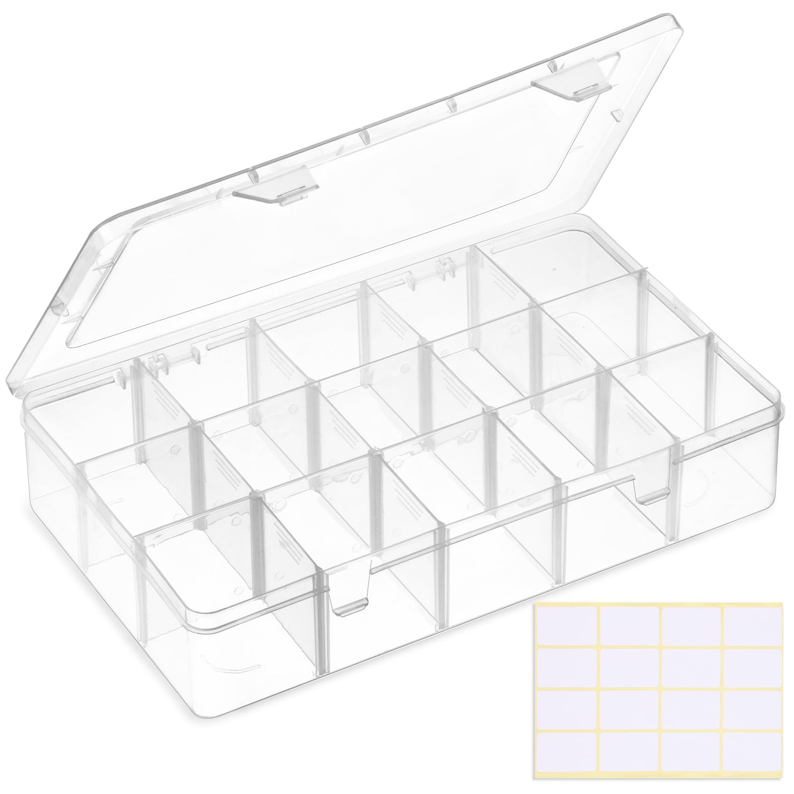 SGHUO 15 Grids Tackle Box Organizer, Large Clear Plastic Organizer Box with Adjustable Dividers for Beads, Art DIY, Crafts, Jewelry, Fishing Tackle with Label Stickers