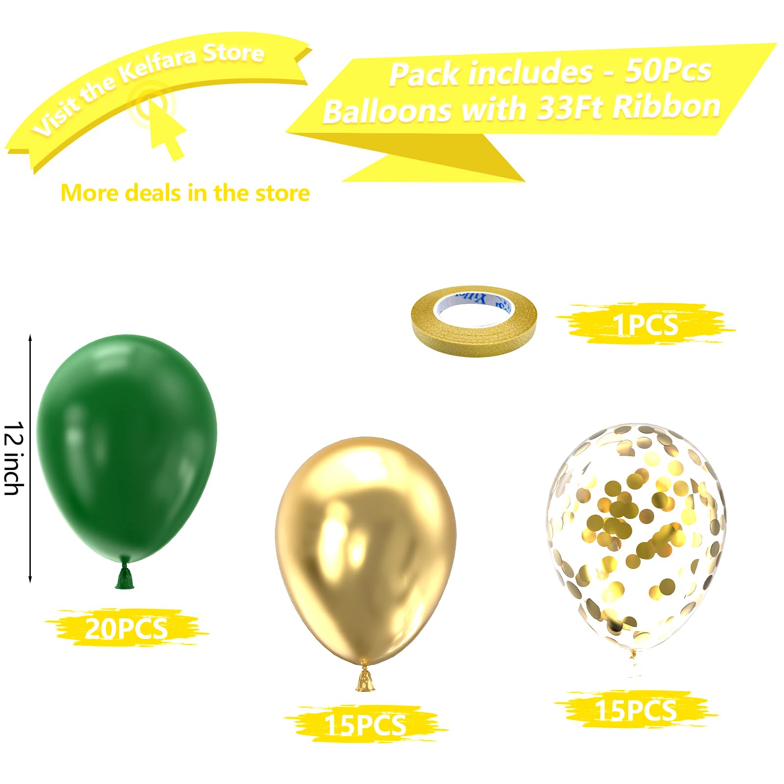 Kelfara Green Gold Balloons 50Pcs 12 inch Metallic Gold Confetti Latex Balloon Kit with Gold Ribbons for Christmas Birthday Party Bridal Shower Wedding Engagement Anniversary Prom Decorations