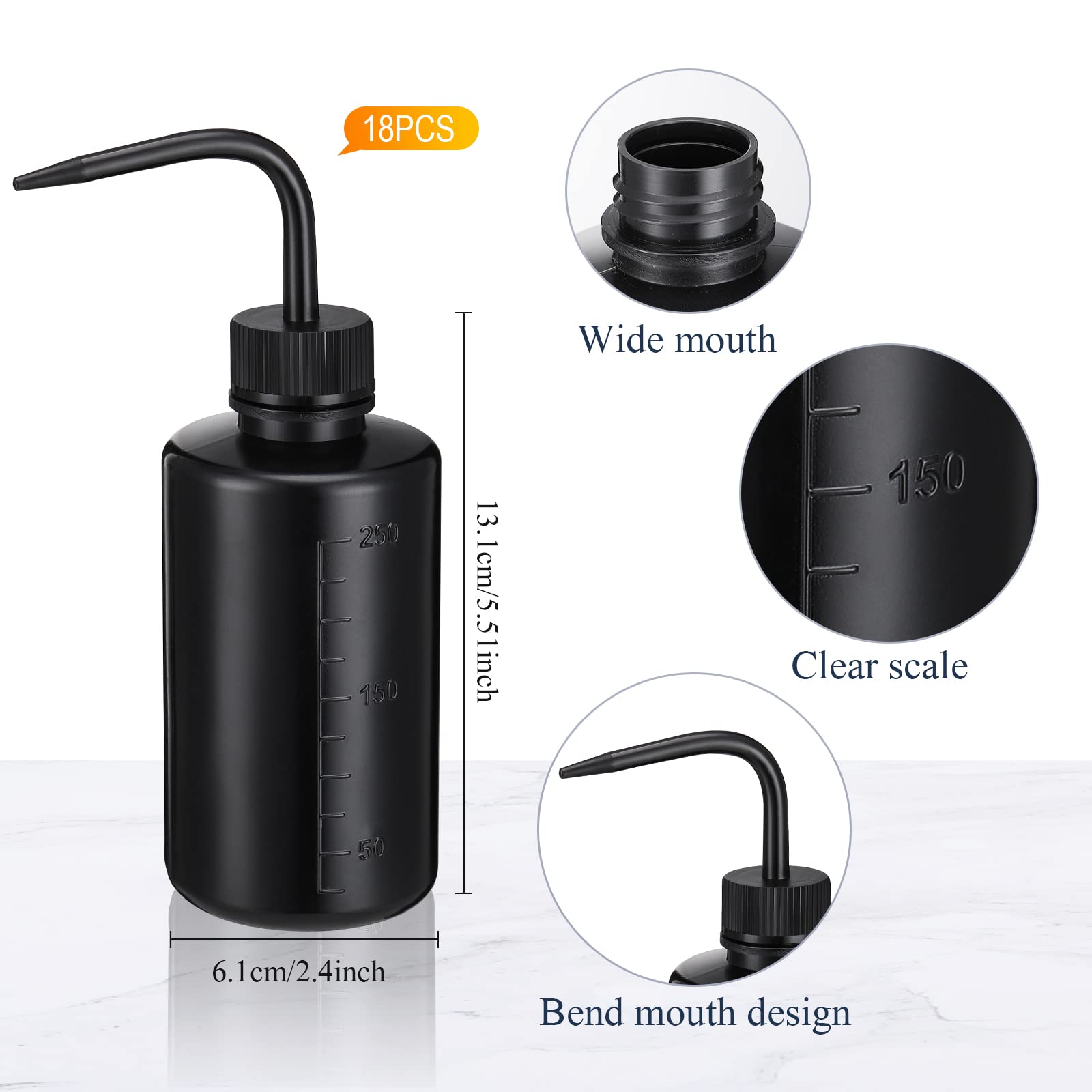 18 Pcs Tattoo Wash Bottle Plastic Squeeze Bottle 250 ml Squirt Bottle Bulk Lash Water Bottle with Narrow Mouth Scale Labels Lab Wash Bottles Cleaning Water Tools, Plant Irrigation (Black)