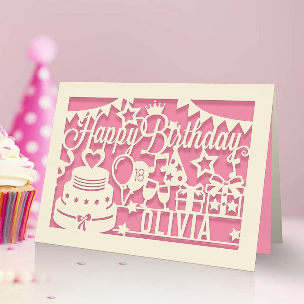 EDSG Personalized Birthday Card Laser Paper Cut Greeting Cards with Envelope, Any Age, Any Name, Any Occasion, Pink